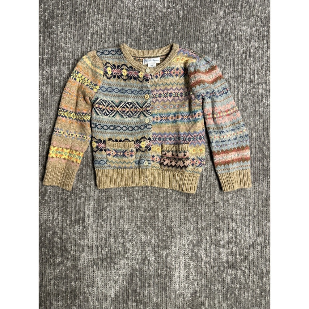Ralph Lauren Girls 24M Fair Isle Cardigan Sweater Wool Cashmere Patchwork